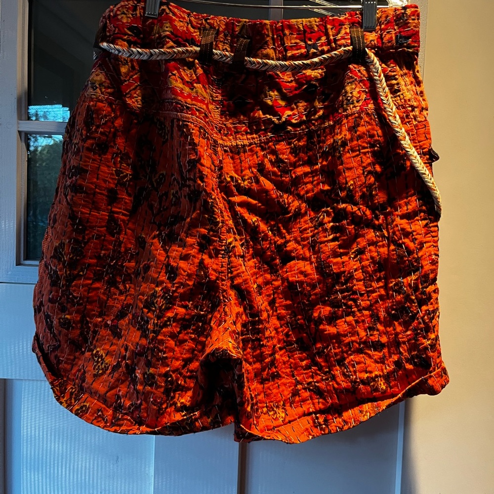 Free People Bright Orange Quilted Bermuda Shorts with Braided Drawstring